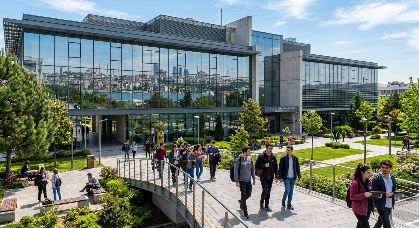 Modern university campus building in Istanbul Turkey with engineering students walking through courtyard, glass facade reflecting city skyline, contemporary architecture with green landscaping