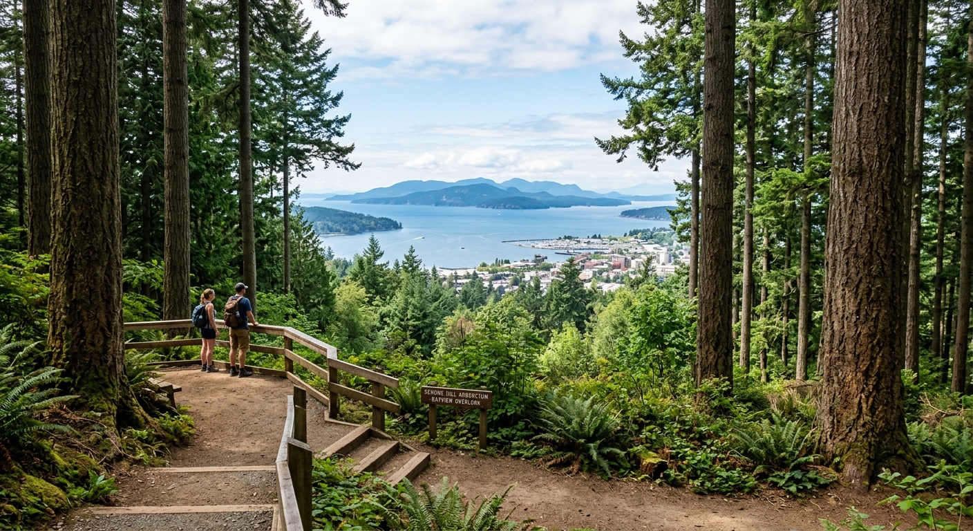 Sehome Hill Arboretum trail with tall evergreen trees and a scenic overlook of Bellingham Bay and the San Juan Islands