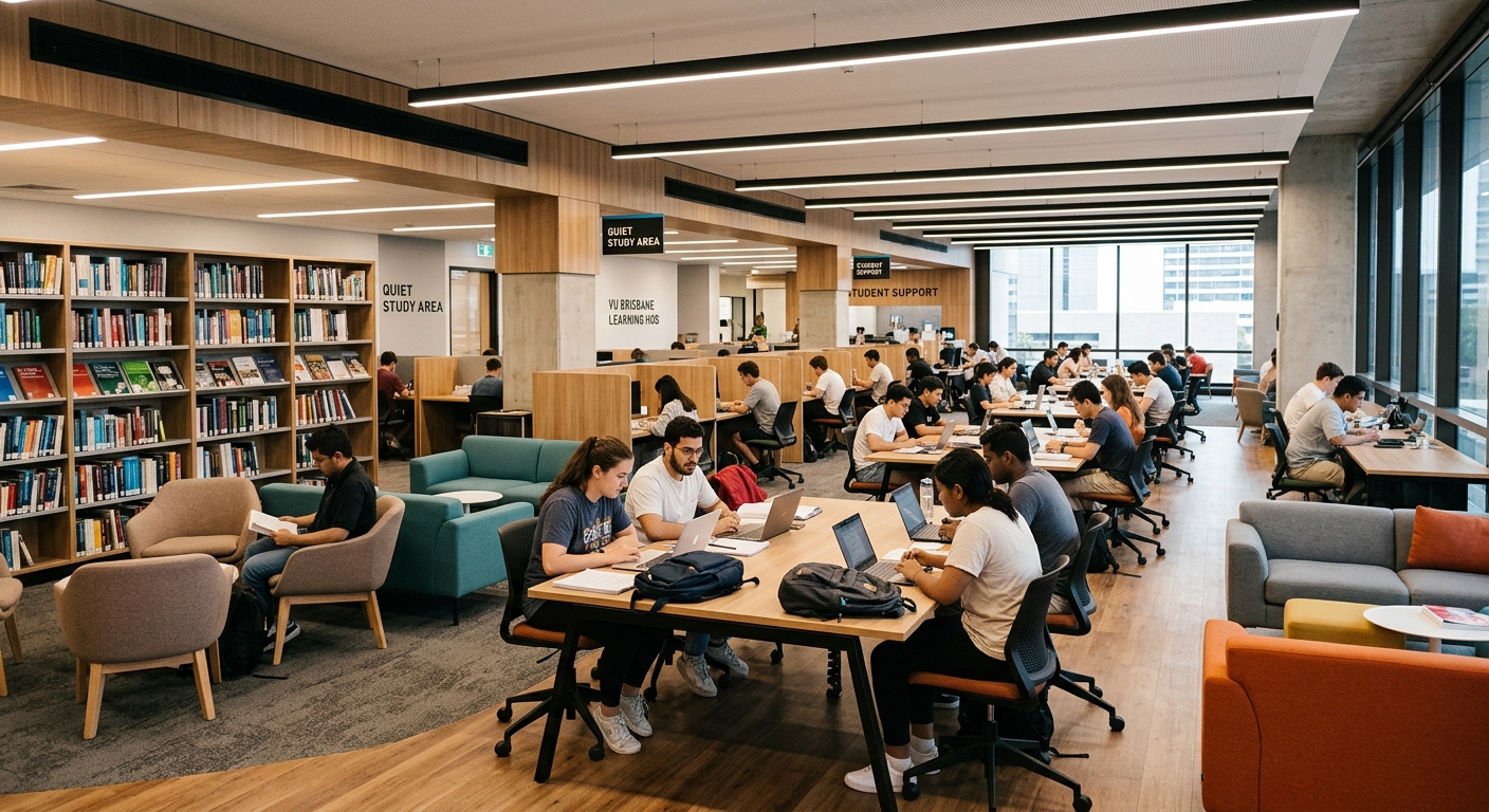 VU Brisbane campus Learning Hub with students studying at desks, quiet study area with bookshelves, modern lighting and comfortable seating