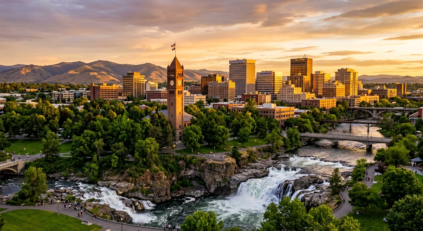 Spokane Washington downtown skyline with Spokane River and falls in foreground, historic clock tower, green parks, mountains in the distance, golden hour light
