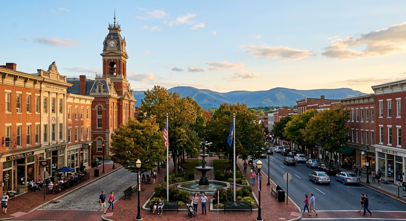 Downtown Chambersburg Pennsylvania historic town square with brick buildings, tree-lined streets, mountain backdrop of Cumberland Valley, warm afternoon light