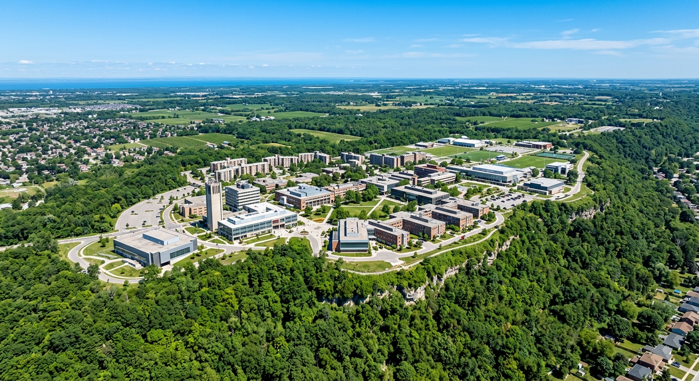 Aerial view of Brock University campus atop the Niagara Escarpment, modern academic buildings surrounded by lush green landscape, Niagara Peninsula in background, clear blue sky