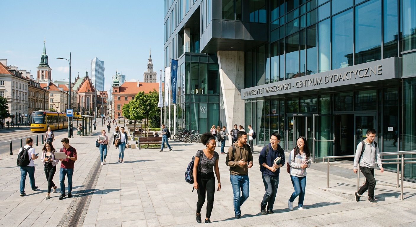 Modern university building in central Warsaw Poland with international students walking near the entrance, European city architecture in the background, sunny day with clear sky