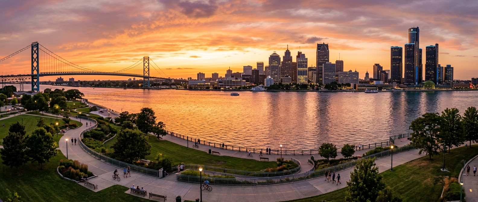Panoramic view of Windsor Ontario waterfront along the Detroit River with the Detroit Michigan skyline in the background, Ambassador Bridge visible, sunset light reflecting on the water, parks and walking trails along the riverfront