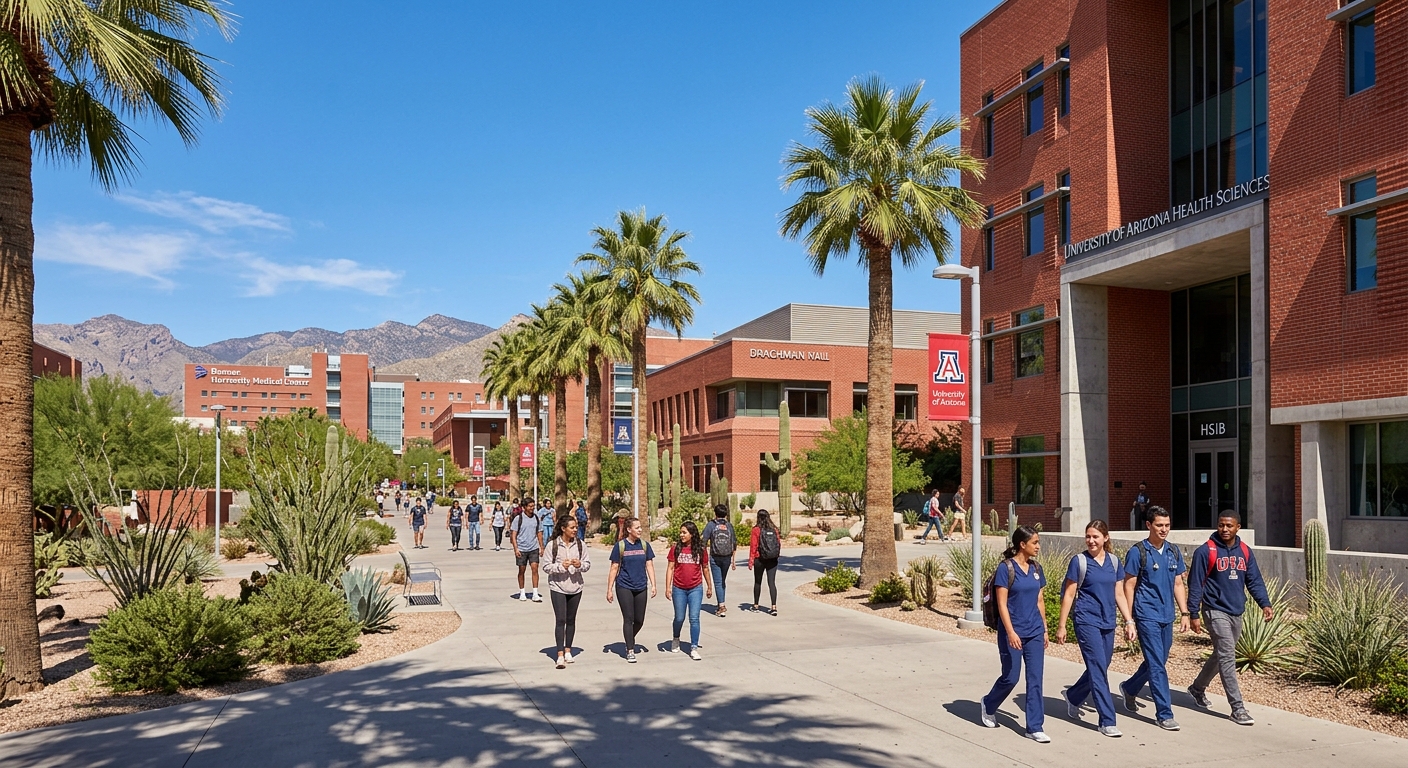 University of Arizona campus in Tucson with red brick buildings, desert landscape, palm trees, and clear blue sky with students walking along pathways near the Health Sciences campus