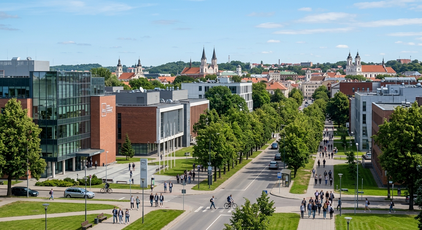 Kaunas University of Technology main campus wide shot, modern university buildings along K. Donelaicio street, green trees lining walkways, students walking between lecture halls, Kaunas cityscape in background, clear sky