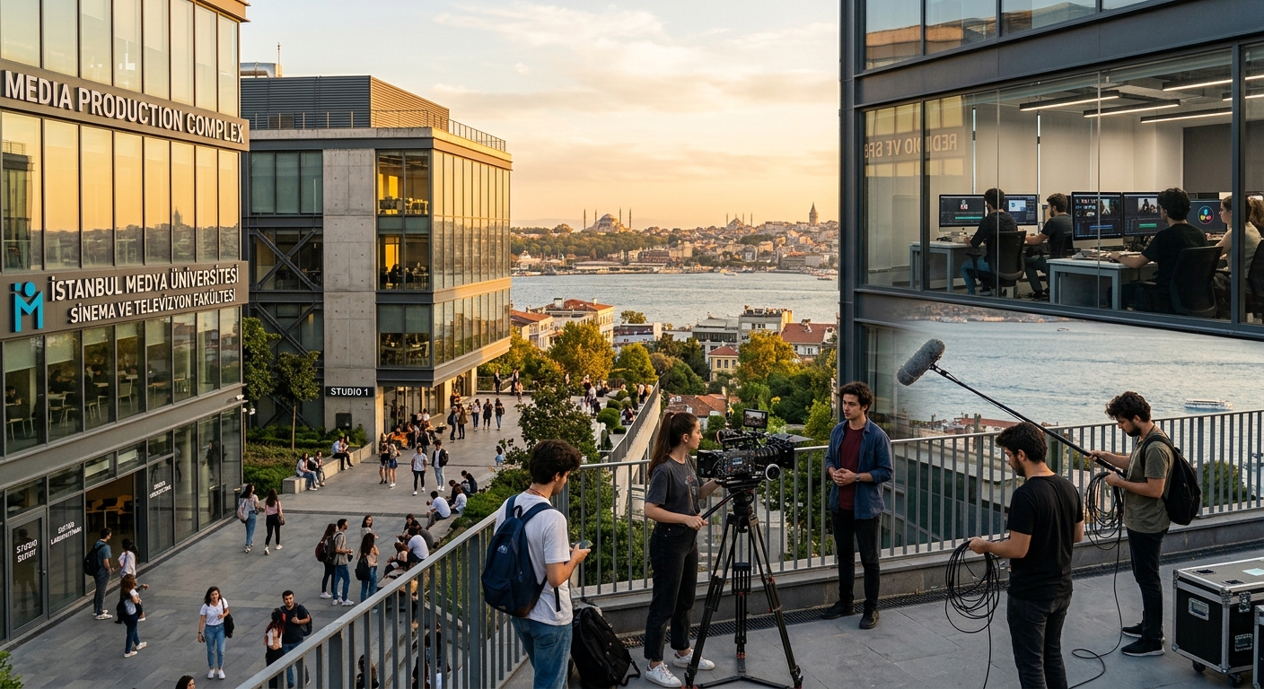 Modern university campus in Istanbul with film production studios, students working with cameras and editing equipment, contemporary architecture with glass facades, Istanbul cityscape in the background, warm golden hour lighting
