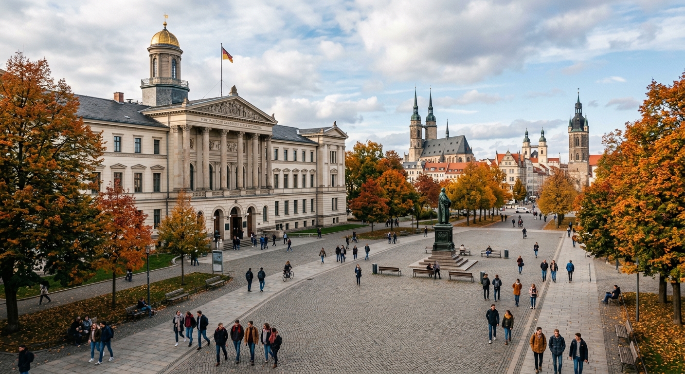 Historic University Square at Martin Luther University Halle-Wittenberg with neoclassical Löwengebäude building, students walking across campus, autumn trees lining the square, Halle (Saale) cityscape in background