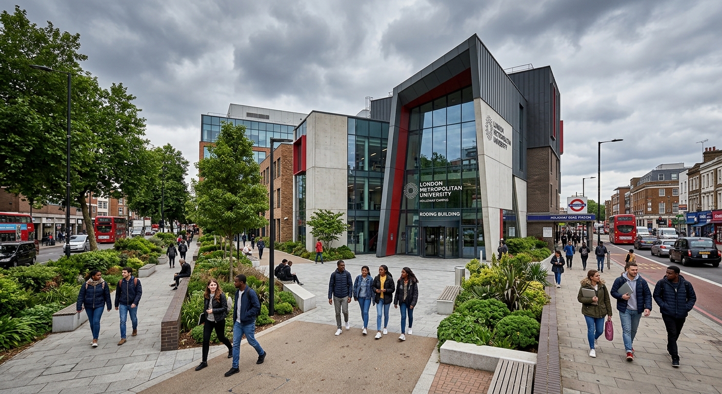 London Metropolitan University Holloway campus building exterior with modern architecture, students walking through courtyard, overcast London sky, green landscaping and urban setting in North London