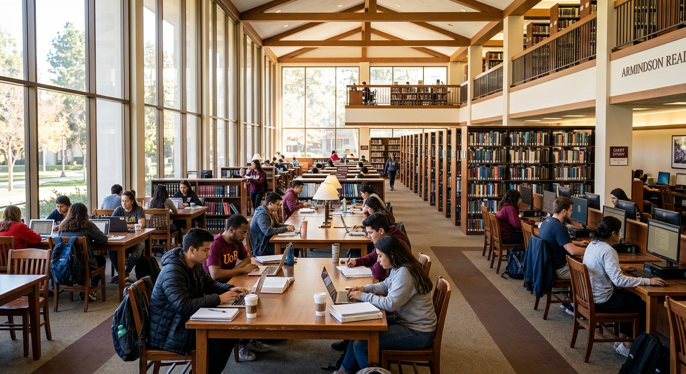 University of Redlands Armacost Library interior with students studying at tables, natural light streaming through windows, bookshelves and computer stations visible