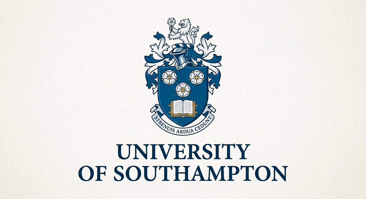 University of Southampton official logo, blue shield crest with three white roses and an open book, university name in serif font below