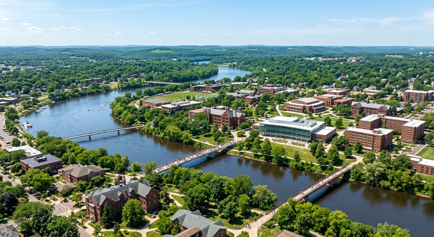 Aerial view of University of Wisconsin-Eau Claire campus along the Chippewa River, lush green trees surrounding brick and modern academic buildings, footbridges crossing the river, rolling hills in the background under a clear blue sky