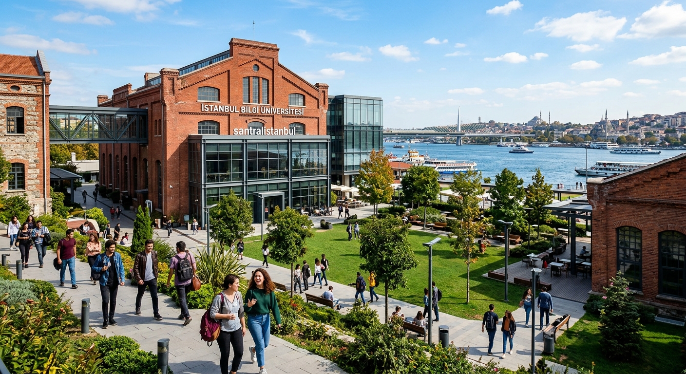 Santralistanbul Campus of Istanbul Bilgi University, converted industrial power plant with red brick buildings, modern glass additions, green courtyard, students walking, Golden Horn waterfront visible