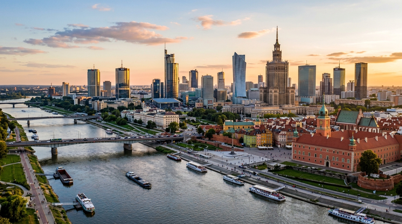 Warsaw skyline panorama, modern glass skyscrapers of the business district alongside reconstructed Old Town, Vistula River in foreground, Palace of Culture and Science visible, golden hour lighting