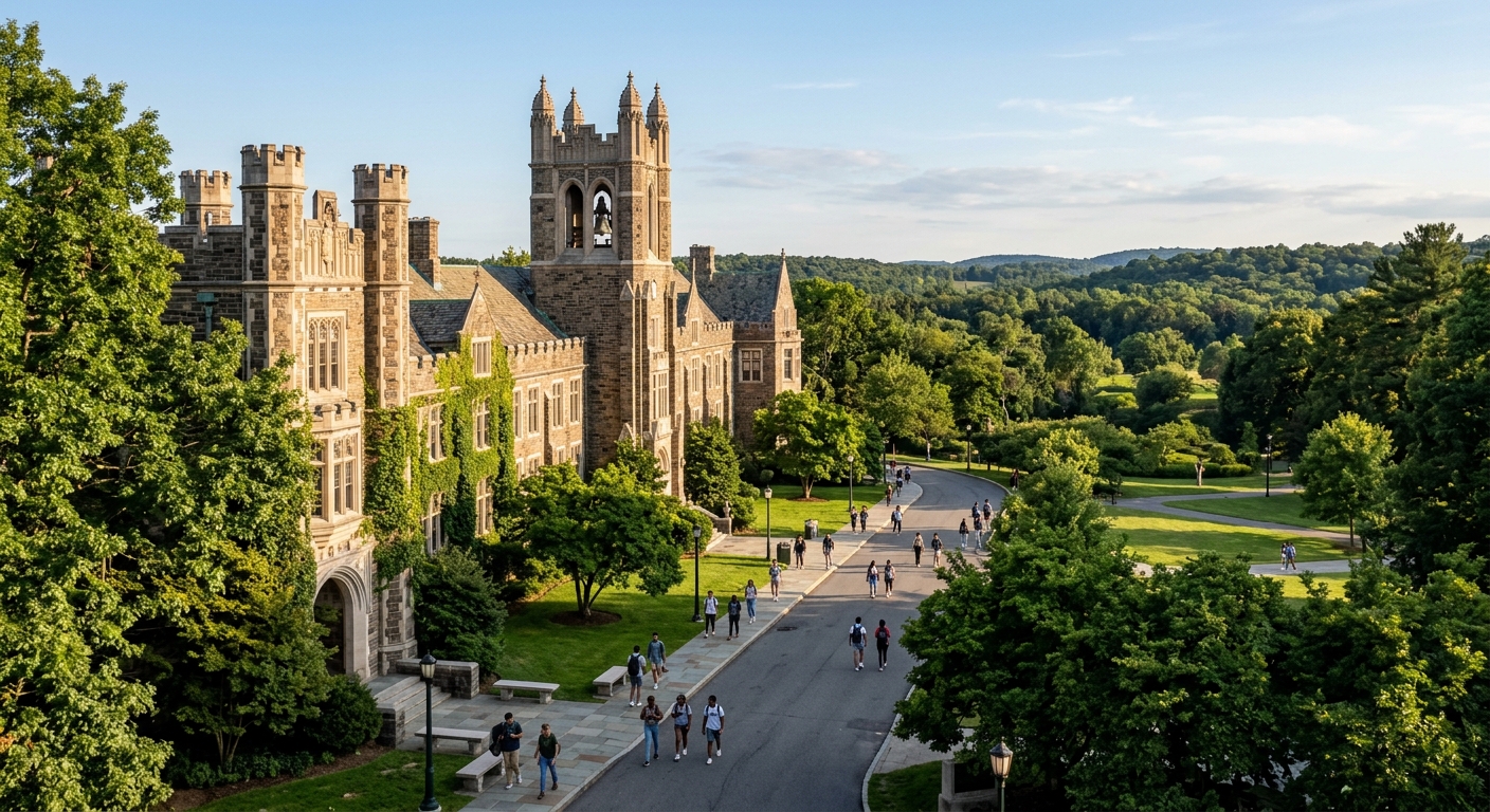 Manhattan University campus in Riverdale, New York City, with Gothic-style stone buildings surrounded by green trees, students walking along pathways, view of Van Cortlandt Park in the background, warm afternoon sunlight