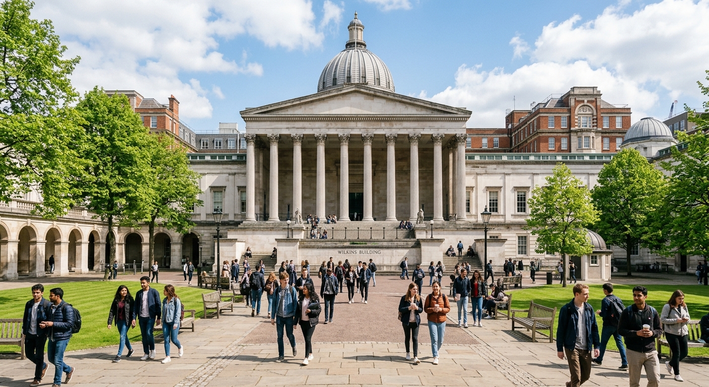 UCL University College London Bloomsbury campus with neoclassical Wilkins Building portico, students walking through the main quad, Faculty of Life Sciences laboratory building visible in the background, bright London daylight