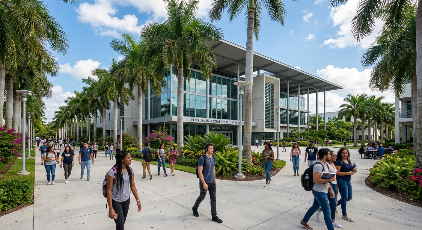Modern university campus building at Florida International University in Miami, palm trees lining walkways, diverse students walking between classes, blue sky with scattered clouds, tropical academic setting