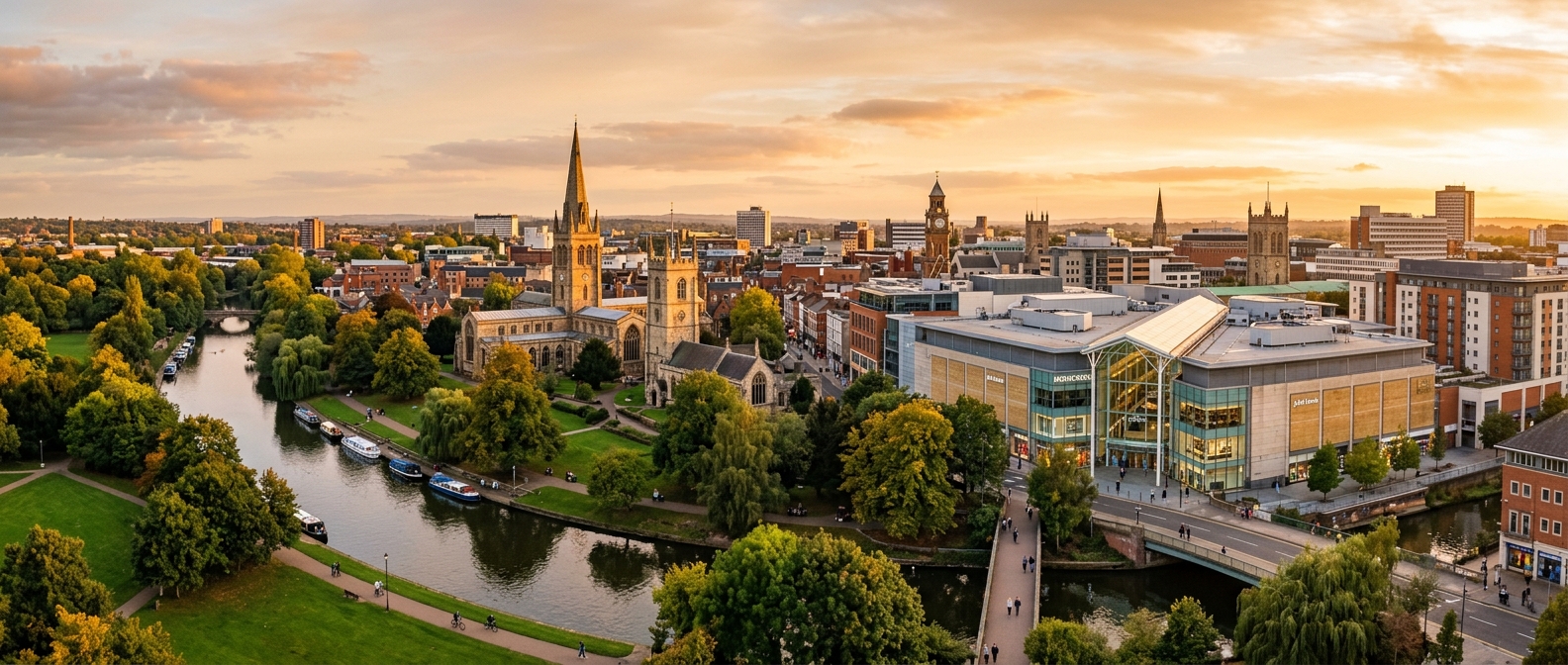 Leicester city skyline panorama showing the medieval Leicester Cathedral, modern Highcross shopping centre, green parks, and the River Soar, golden hour lighting