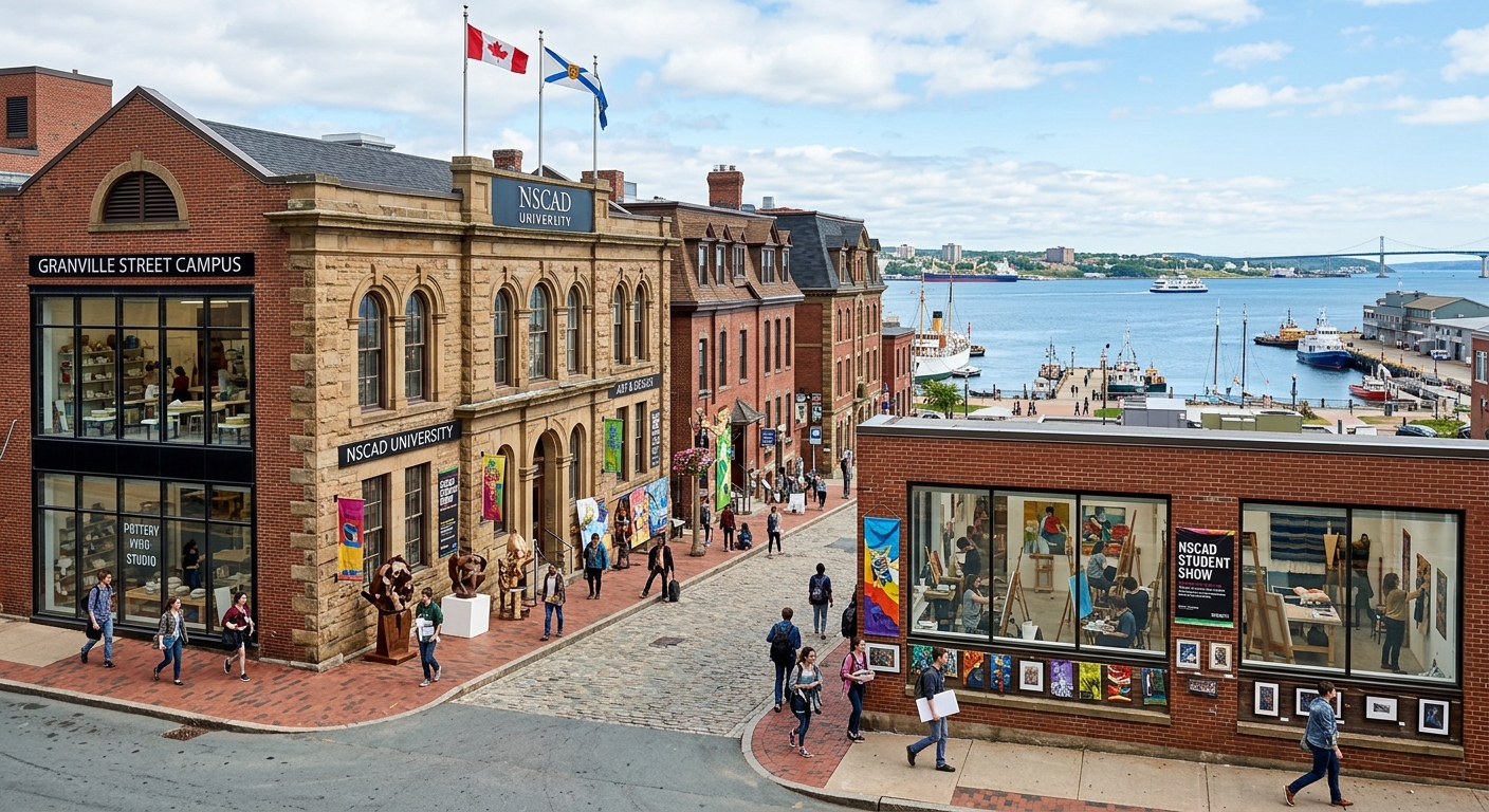 NSCAD University campus in downtown Halifax, Nova Scotia, with historic brick buildings, art studios visible through large windows, student artwork displayed outdoors, maritime waterfront in the background
