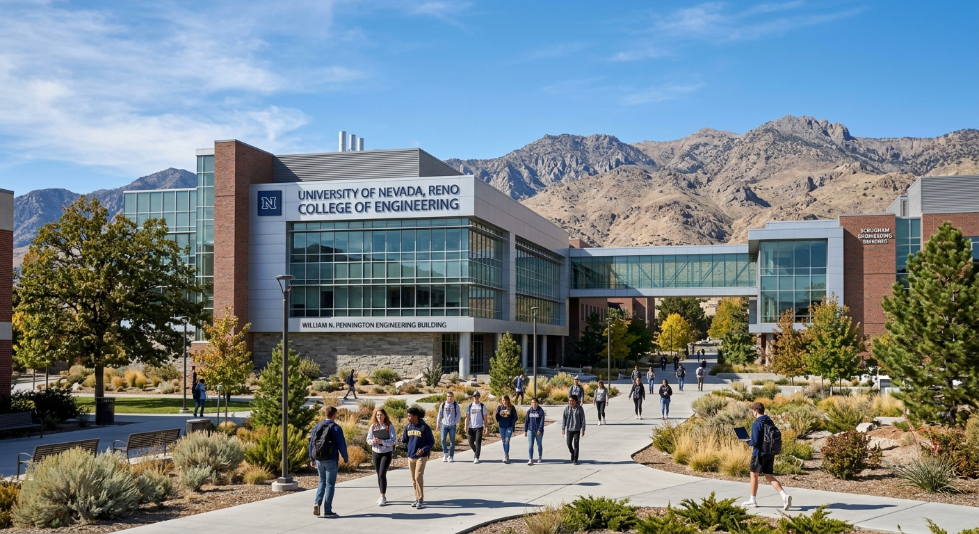 University of Nevada Reno College of Engineering building with desert mountain backdrop, modern campus architecture, students walking on pathways with clear blue Nevada sky