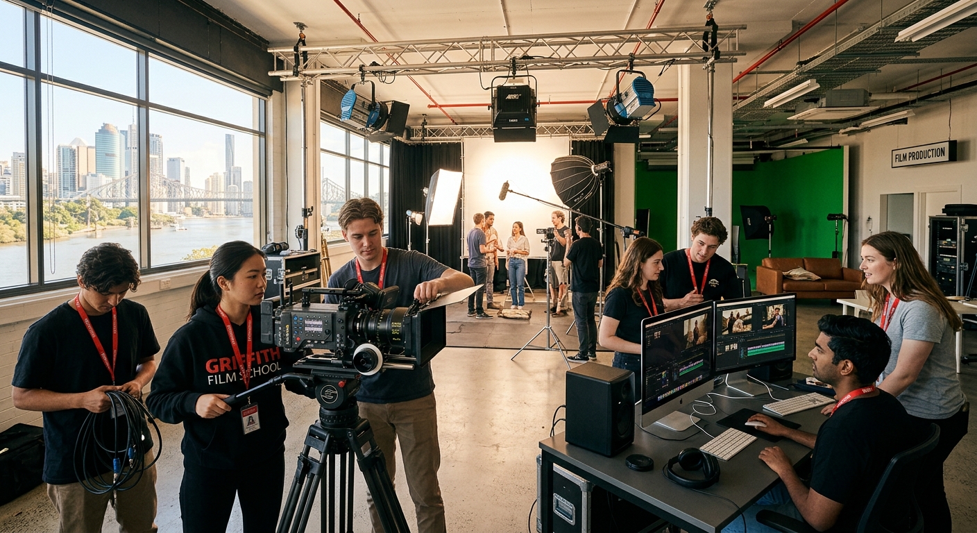 Modern film production studio in Brisbane CBD with students operating professional cinema cameras, lighting rigs, and editing equipment, creative collaborative atmosphere with warm natural light