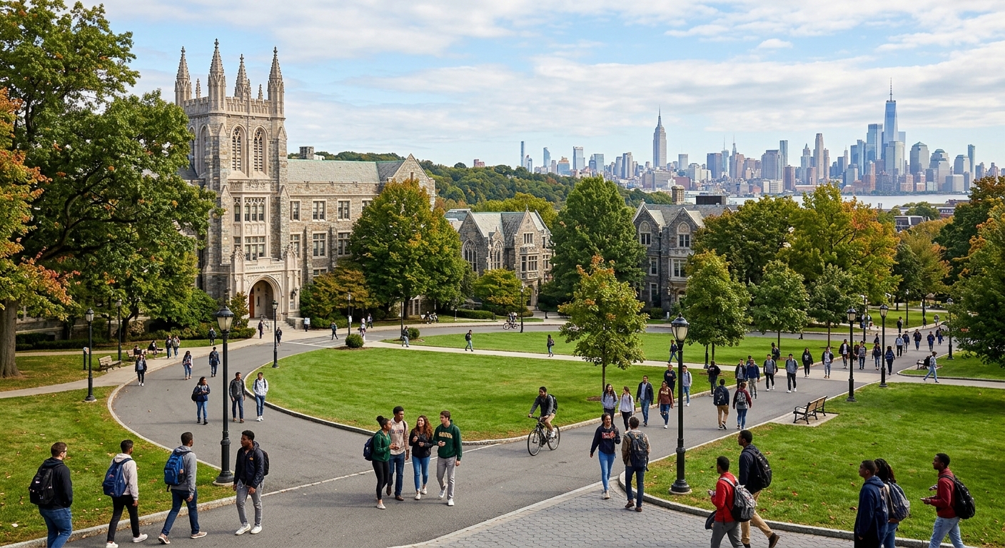 Manhattan University campus in Riverdale, Bronx, New York, with Gothic-style academic buildings surrounded by green lawns, students walking along tree-lined pathways, city skyline visible in the background