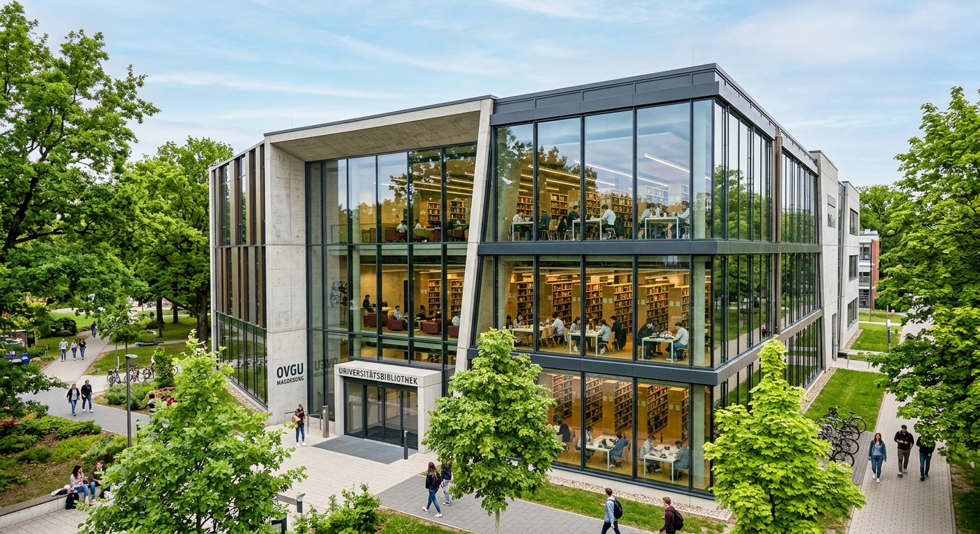 Modern university library building at OVGU Magdeburg with large glass windows, students studying inside, contemporary architecture surrounded by green trees