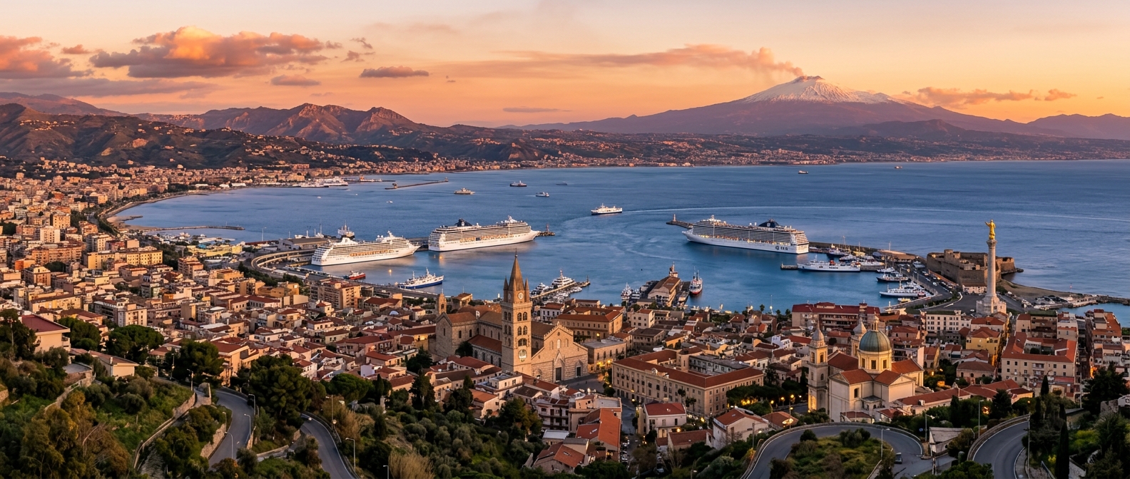 Panoramic view of Messina city and harbor from above, with the Strait of Messina separating Sicily from mainland Italy, cruise ships in port, Norman cathedral bell tower visible, and Mount Etna in the distant background under a warm Mediterranean sunset