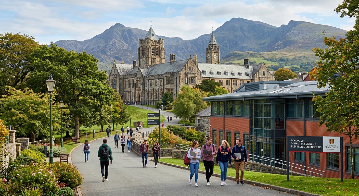 Bangor University campus with historic stone buildings set against the backdrop of Snowdonia mountains in North Wales, students walking along tree-lined paths near the School of Computer Science and Electronic Engineering