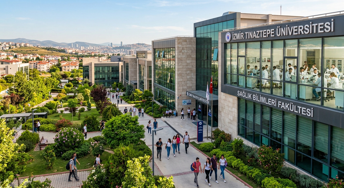 Modern health sciences campus building at İzmir Tınaztepe University with green landscaped grounds, students walking between faculty buildings, medical laboratory facilities visible, bright Mediterranean sunlight, Buca district of İzmir Turkey in the background