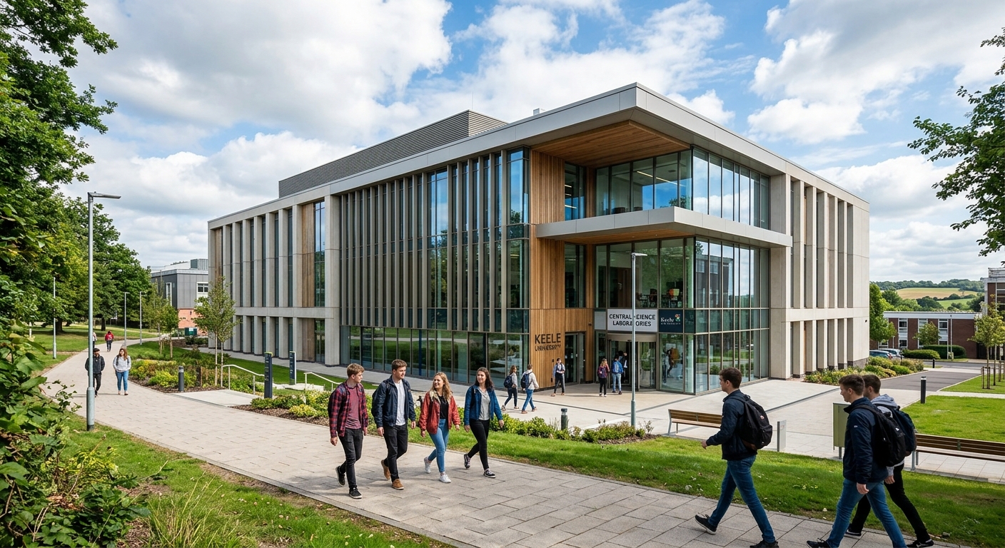 Modern Central Science Laboratories building at Keele University with glass facade and students walking on pathways