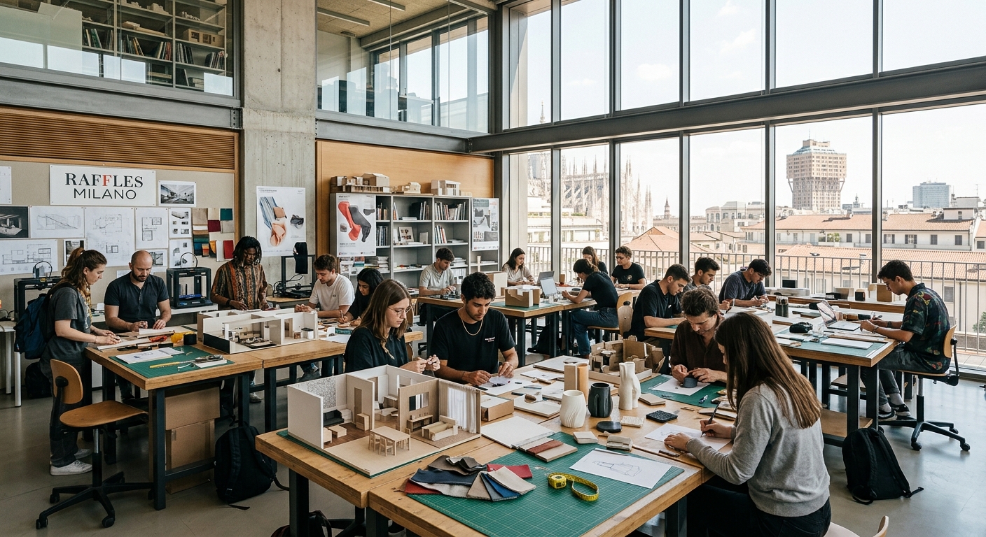 Modern design studio interior at Raffles Milano with students working on product prototypes and interior design models, natural light streaming through large windows, Milan cityscape visible in background, contemporary Italian architecture