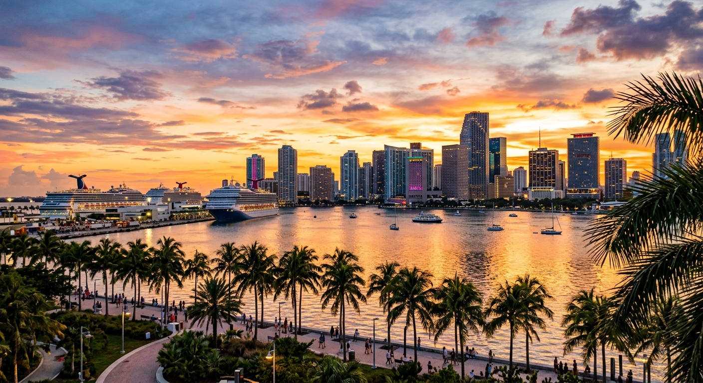 Miami skyline at sunset, Biscayne Bay reflecting golden light, palm trees in foreground, modern high-rise buildings, cruise ships in port, tropical atmosphere