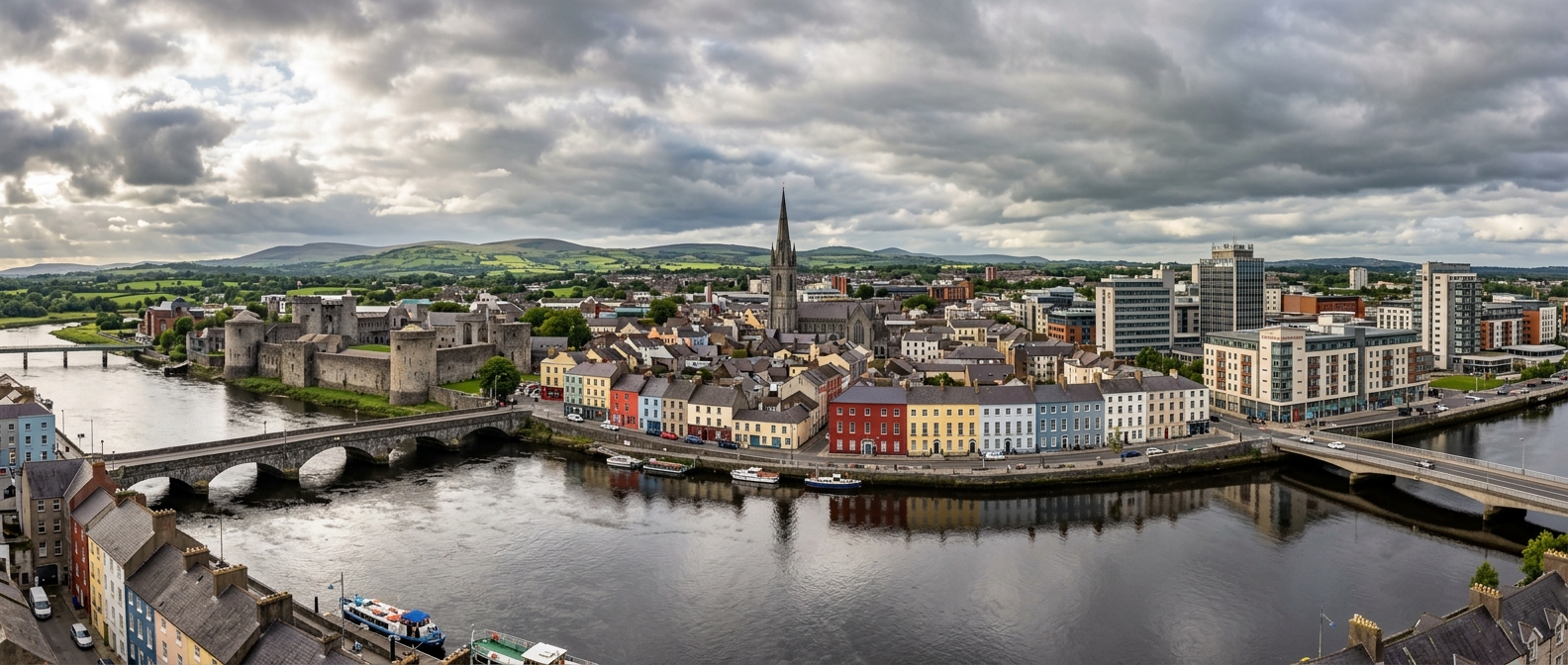 Panoramic view of Limerick city skyline along the River Shannon, showing King John's Castle, the medieval quarter, colourful Georgian buildings, modern developments, and green hills in the background under a dramatic Irish sky