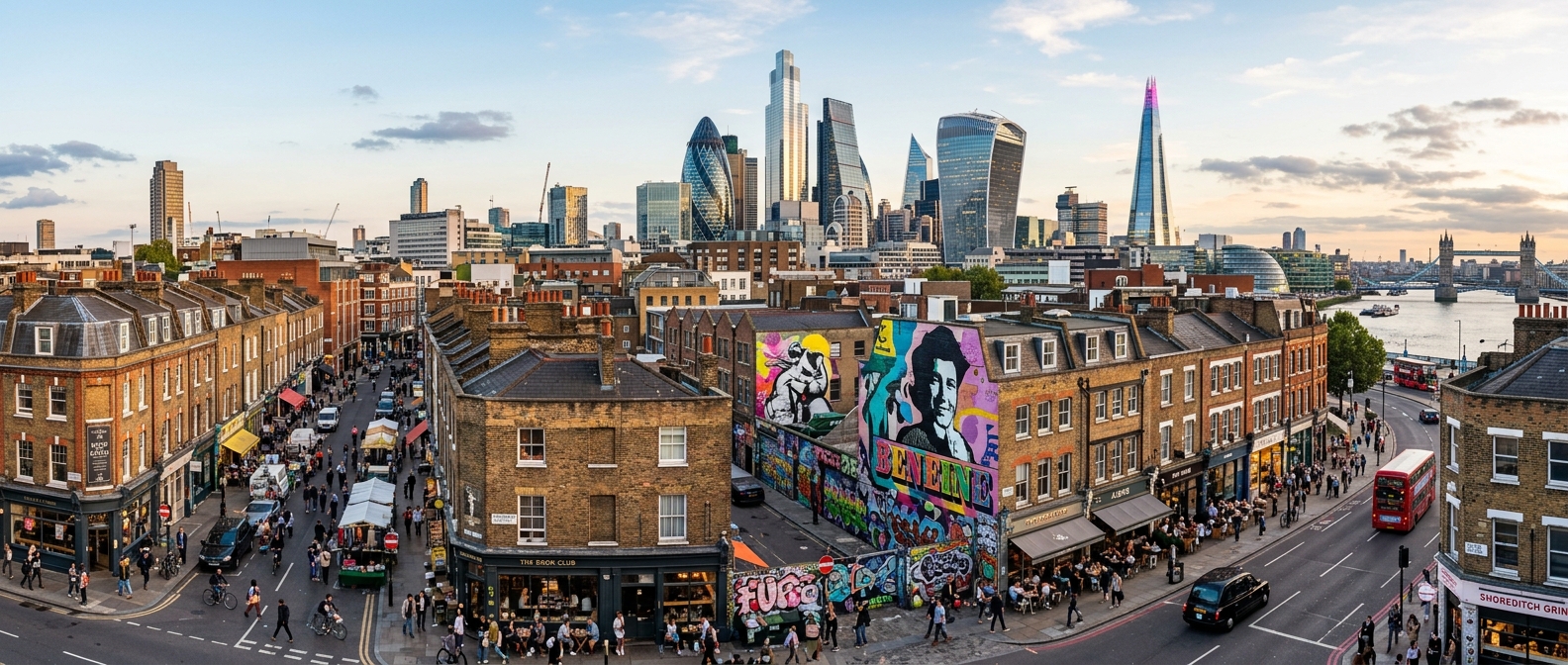 Panoramic view of East London skyline featuring Shoreditch street art, Victorian architecture mixed with modern buildings, bustling creative neighbourhood with cafes and studios