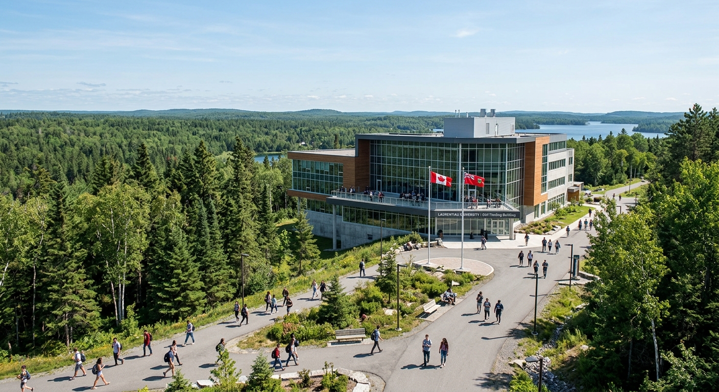 Laurentian University campus in Sudbury Ontario surrounded by northern boreal forest, modern engineering building with students walking on pathways, clear sky with Canadian flag visible