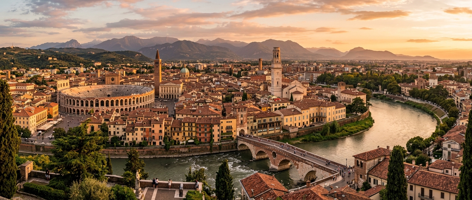 Panoramic view of Verona Italy showing the Arena di Verona amphitheater, Adige River winding through the city, Ponte Pietra bridge, terracotta rooftops, and Alpine foothills in the distance at golden hour