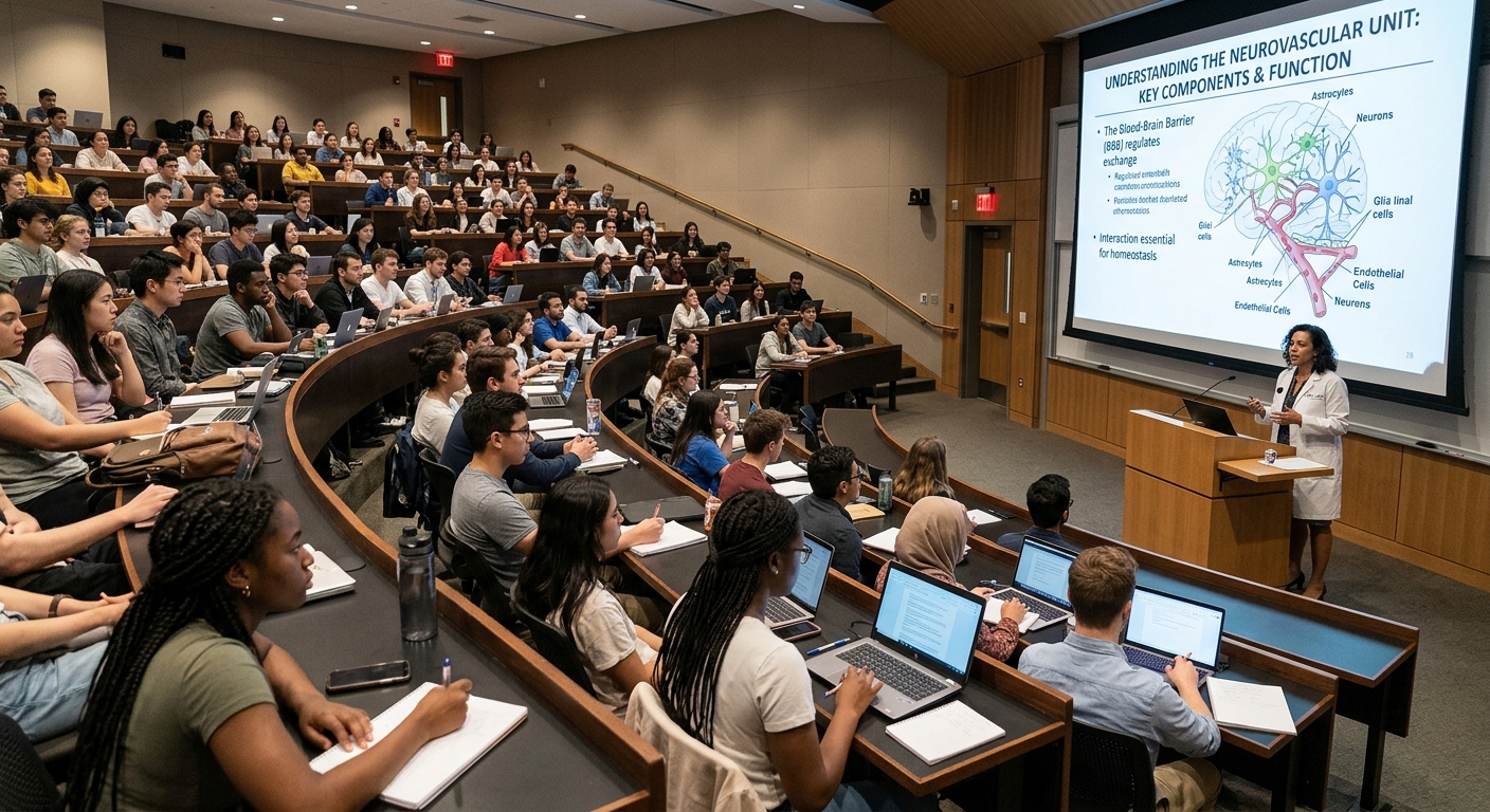 University lecture hall with tiered seating, modern projector screen, diverse international students attending a medical lecture