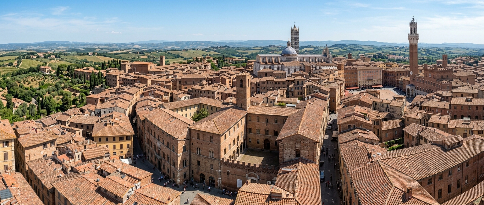 Panoramic view of University of Siena historic campus buildings integrated into the medieval city of Siena, Tuscany, with terracotta rooftops, the Duomo di Siena visible in the background, rolling Tuscan hills under a clear blue sky