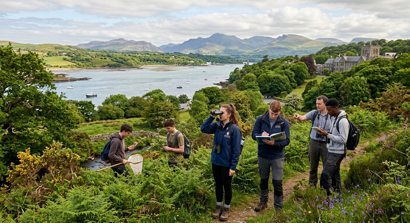 Bangor University campus with lush green surroundings, Snowdonia mountains in the background, students conducting fieldwork observing wildlife in a natural Welsh landscape with the Menai Strait visible