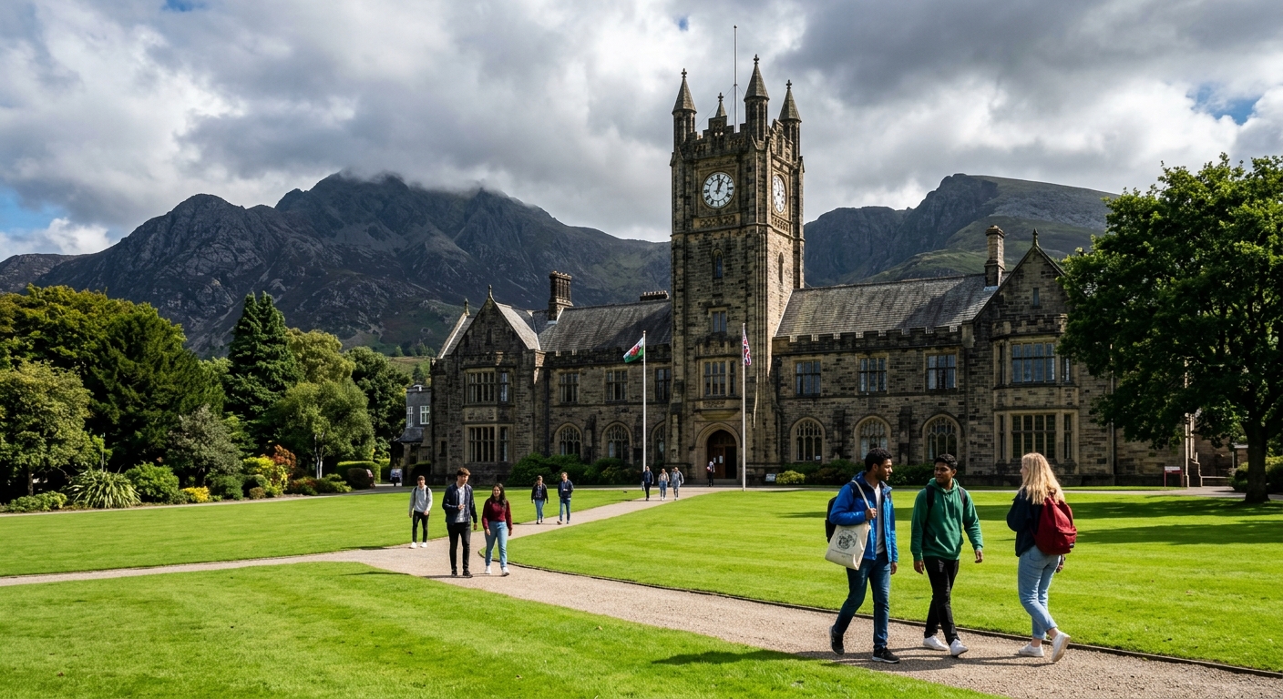 Bangor University historic main building with clock tower set against the backdrop of Snowdonia mountains, green campus lawns in foreground, students walking along pathways, North Wales landscape with dramatic sky