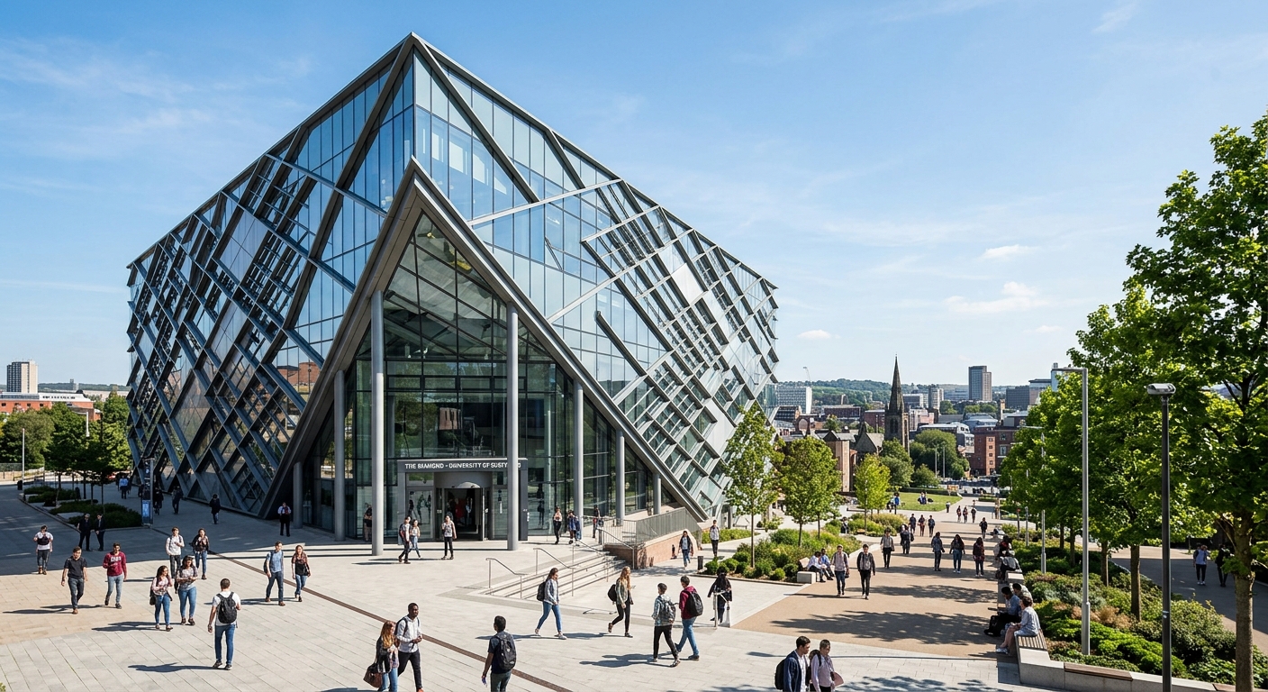 The Diamond building at the University of Sheffield, a modern angular glass and steel engineering teaching facility, with students walking on the surrounding plaza, green trees, and a clear sky over Sheffield cityscape