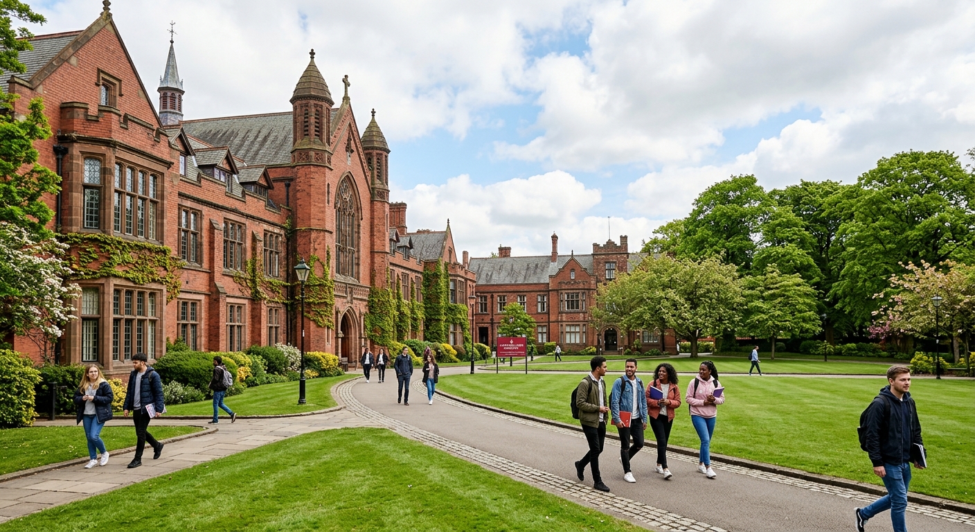 Liverpool Hope University Hope Park campus with historic red-brick buildings surrounded by green lawns and mature trees, students walking along pathways under a partly cloudy British sky