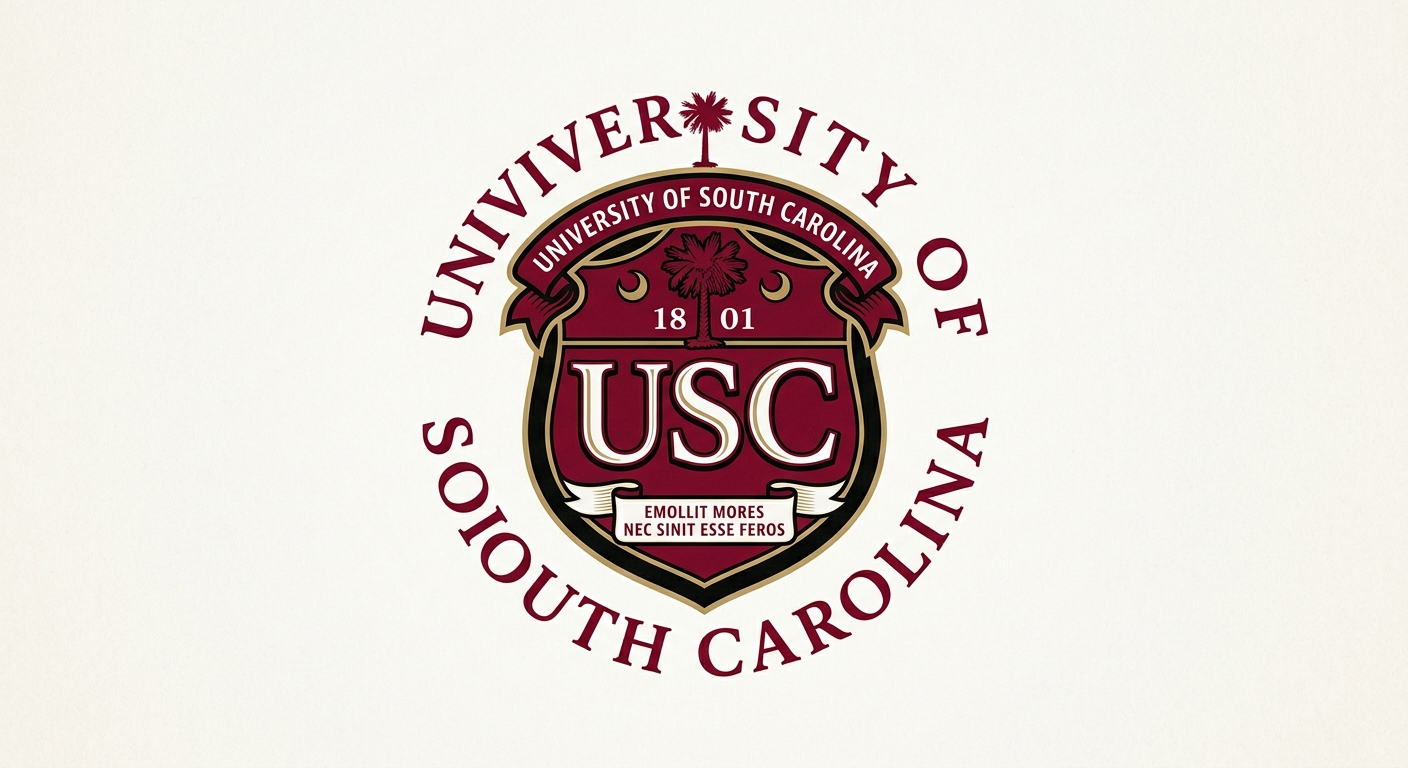 University of South Carolina official logo featuring a maroon and garnet shield with the letters USC and the university name in serif font