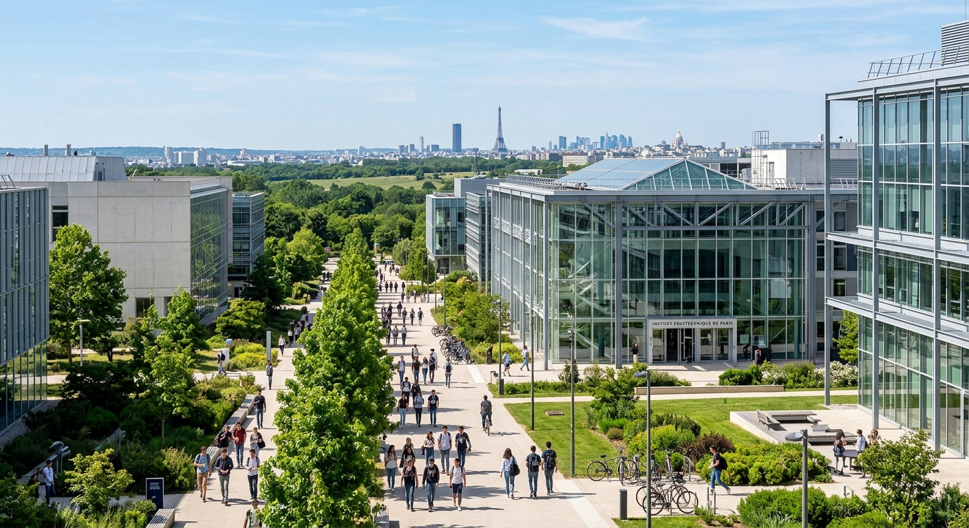 Modern campus of Institut Polytechnique de Paris on the Plateau de Saclay, contemporary glass and steel academic buildings surrounded by green spaces, students walking between lecture halls, with the Paris skyline visible in the distance under a clear blue sky