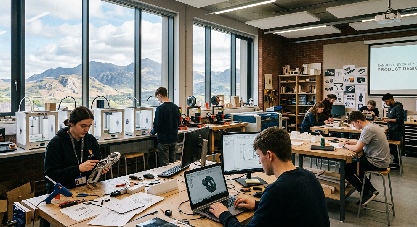 Modern product design studio at Bangor University with students working on prototypes, CAD software on screens, 3D printers and workshop tools visible, natural light from large windows overlooking the mountains of Snowdonia in North Wales