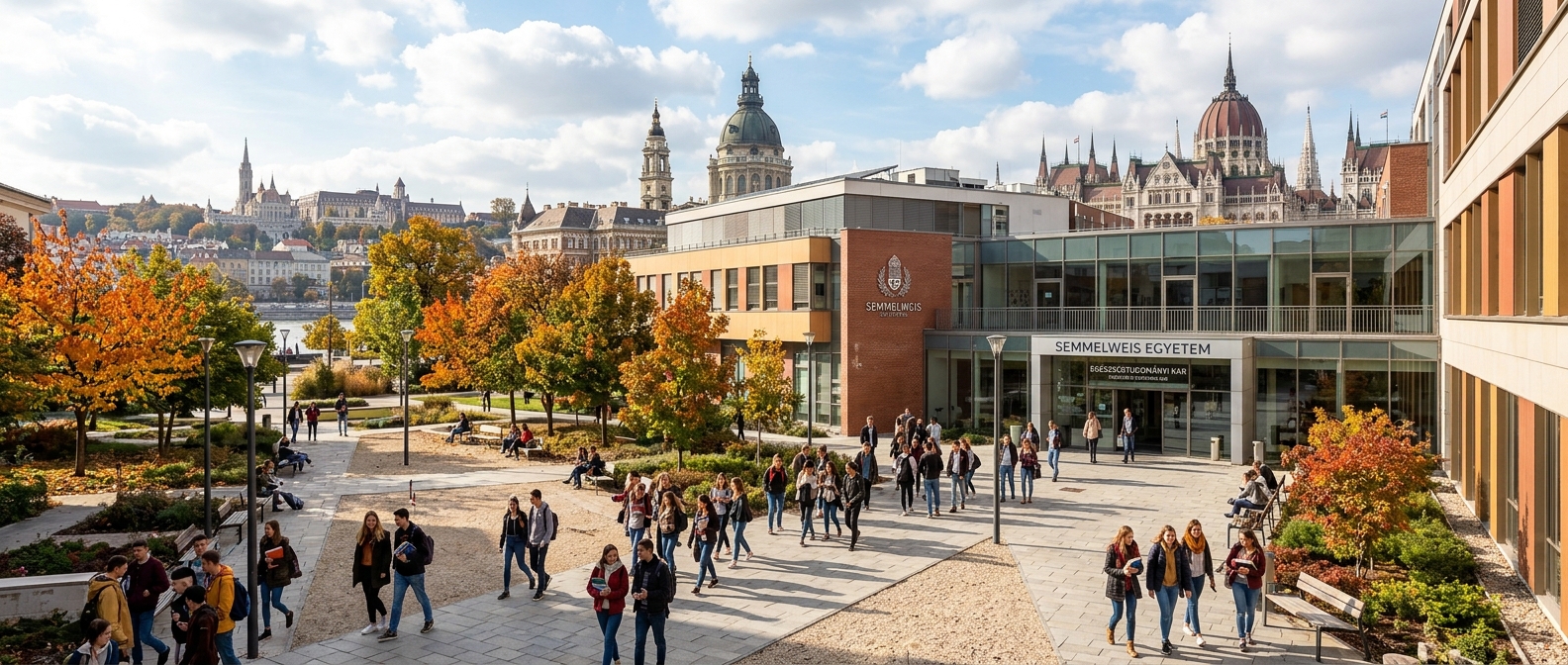 Panoramic view of Semmelweis University Faculty of Health Sciences modern campus building in Budapest, Hungary, with students walking through courtyard, historic architecture in background, bright autumn day