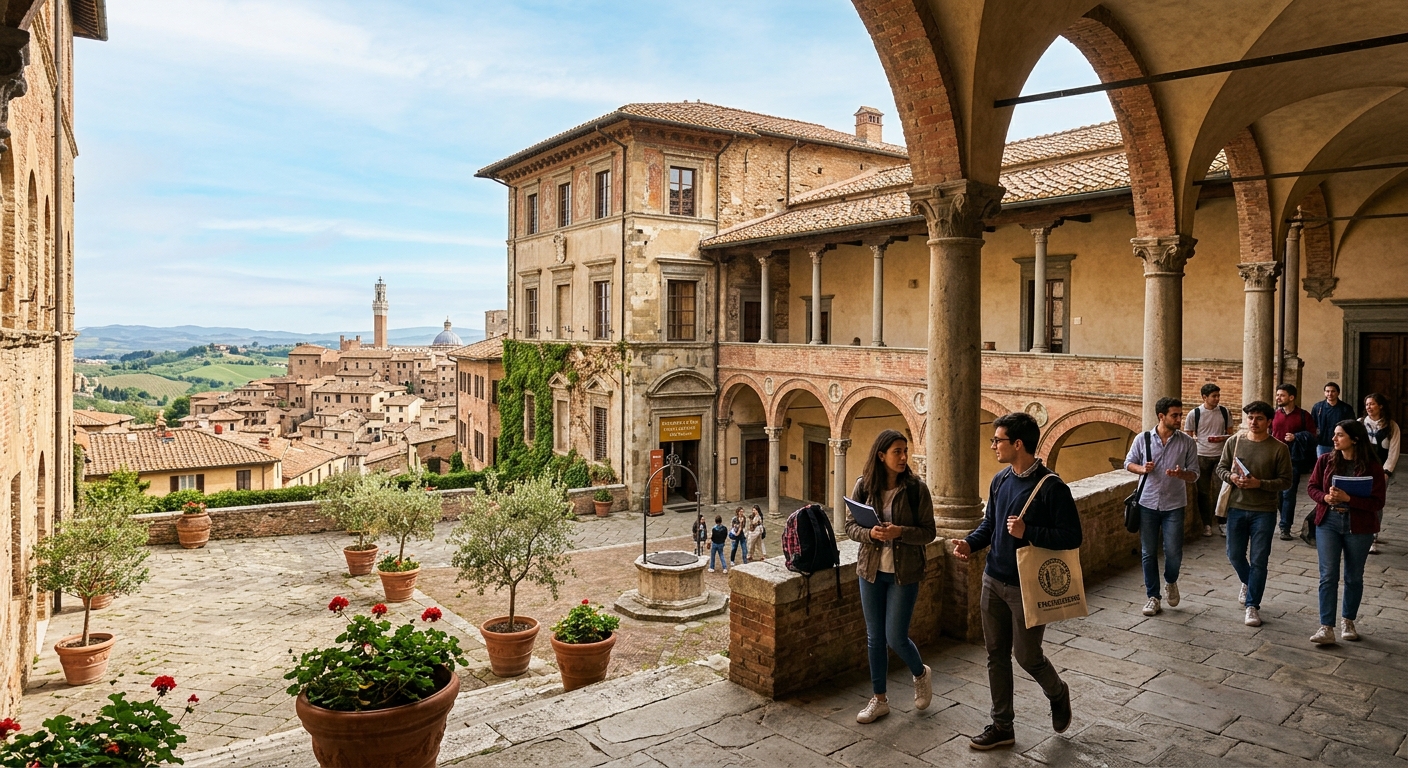 Historic Palazzo San Niccolò building at University of Siena, Tuscany, Italy, with engineering students walking through Renaissance-era courtyard, warm Mediterranean sunlight, rolling Tuscan hills in background
