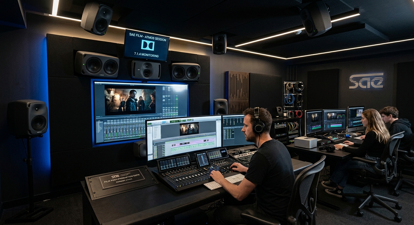 SAE Institute London film production suite with editing workstations, Dolby Atmos post-production setup, and large monitoring screens in a modern dark room
