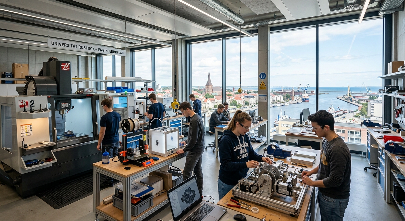 Modern engineering laboratory at University of Rostock with students working on mechanical prototypes, CNC machines and 3D printers visible, large windows overlooking the Baltic coastal city of Rostock, Germany
